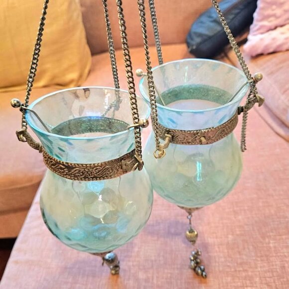 Pair Of Moroccan Hanging Blue Glass Candle Hanging Holders - Picture 6 of 11